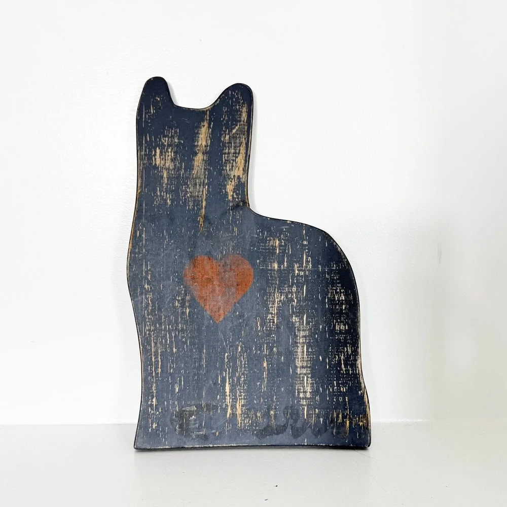 Handcrafted Wooden Cat Silhouette Sign Blue Cottagecore Heart Primitive Folk Art